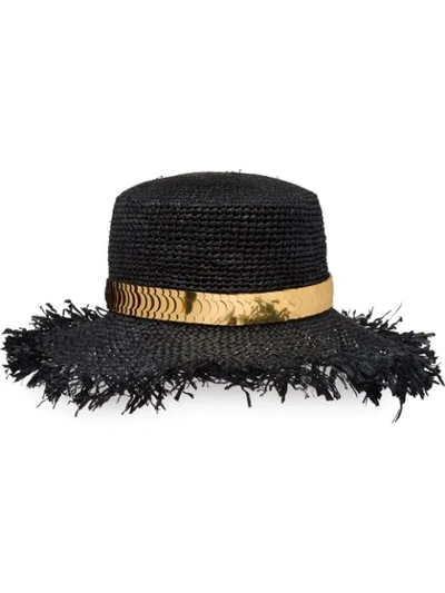 Shop Prada Crocheted Raffia Hat In Black
