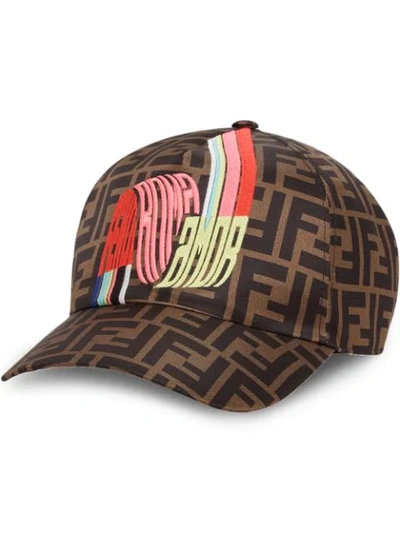 Shop Fendi Wave Logo Monogram Cap In Brown