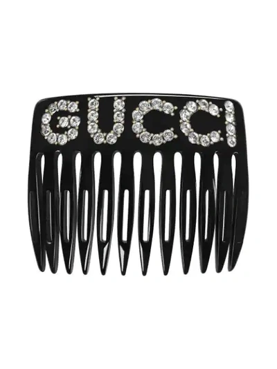 Shop Gucci Embellished Logo Hair Comb In Black
