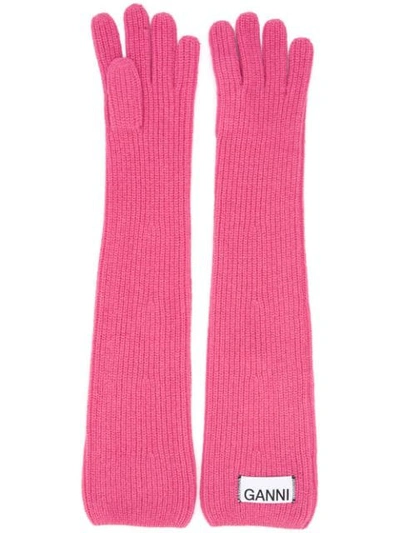 Shop Ganni Long Logo Patch Gloves In Pink