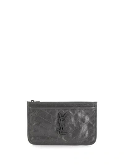 Shop Saint Laurent Wrinkled Zipped Monogram Wallet In Grey