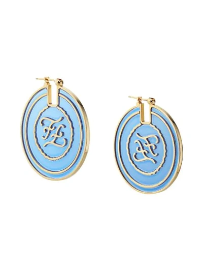 Shop Fendi Ff Karligraphy Engraved Earrings In F077n-royal Blue +soft Gol