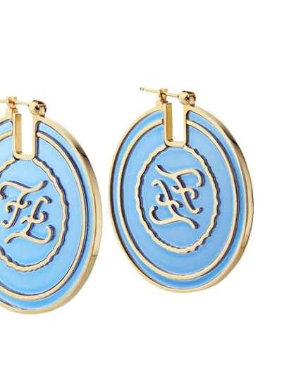 Shop Fendi Ff Karligraphy Engraved Earrings In F077n-royal Blue +soft Gol