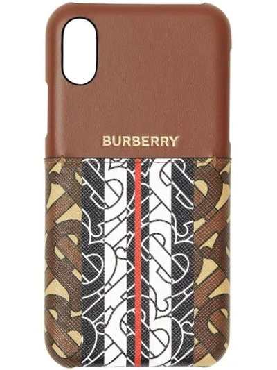 Shop Burberry Leather And Monogram Stripe E In Brown