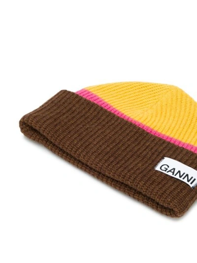Shop Ganni Ribbed Beanie In Yellow