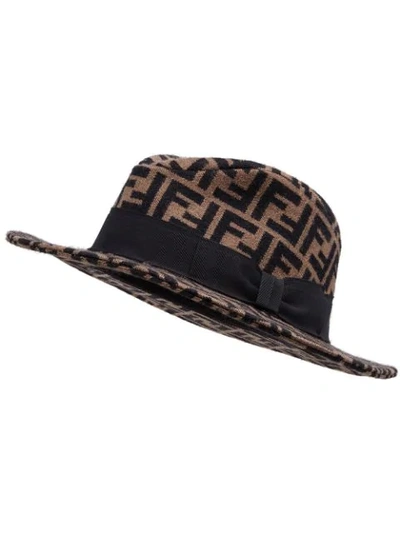 Shop Fendi Ff Motif Fedora Hat In Brown