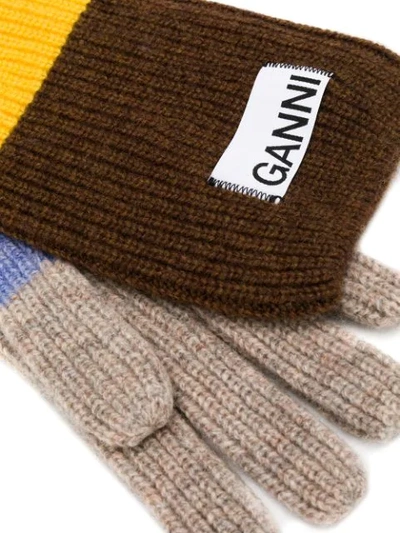 Shop Ganni Colour Block Gloves In Brown ,yellow