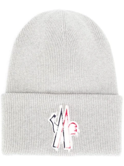 Shop Moncler Logo Beanie In Grey