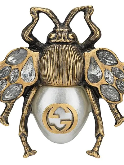 Shop Gucci Metallic Pearl And Crystal Embellished Bug Ring - Gold