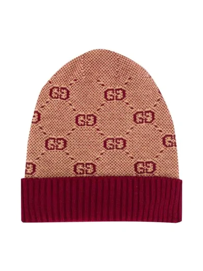 Shop Gucci Knitted Gg Beanie In Red