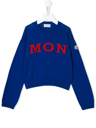 Shop Moncler Logo Printed Knit Sweater In Blue