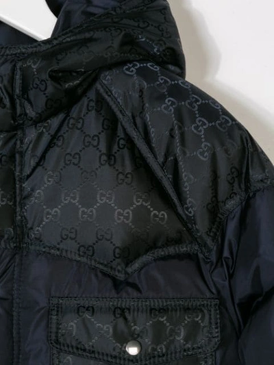 Shop Gucci Logo Print Padded Coat In Blue
