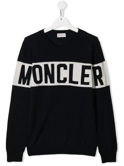 Shop Moncler Logo Knitted Sweatshirt In Blue