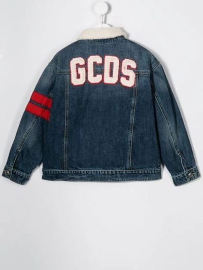 Shop Gcds Striped Sleeve Denim Jacket In Blue