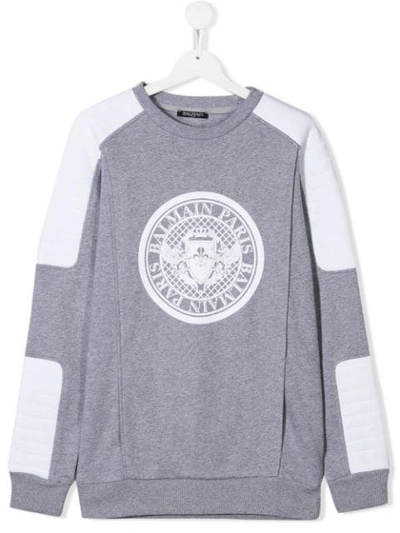 Shop Balmain Panelled Logo-print Sweatshirt In Grey