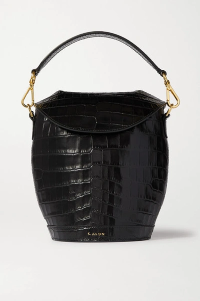Shop S.joon Milk Pail Croc-effect Leather Tote In Black