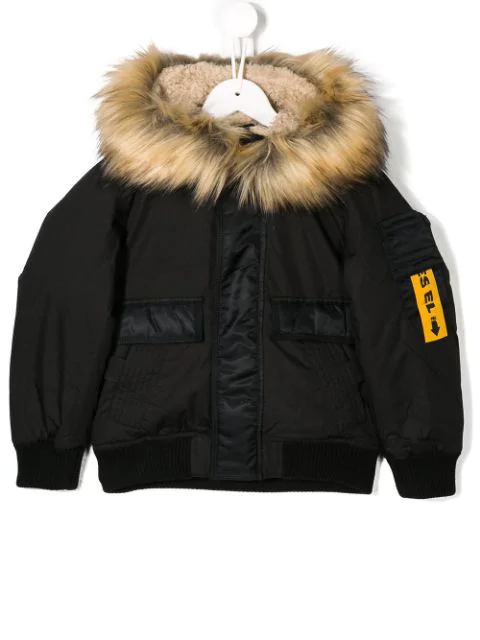 padded bomber jacket with fur hood