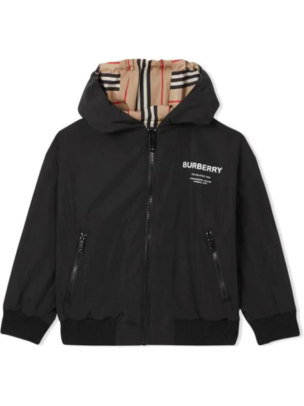 Burberry Kids Icon Stripe Reversible Hooded Jacket In Black ModeSens