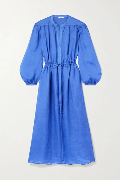 Shop Three Graces London Julienne Gathered Ramie Midi Dress In Bright Blue