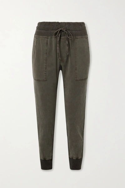 Shop James Perse Jersey-trimmed Cotton-twill Track Pants In Green