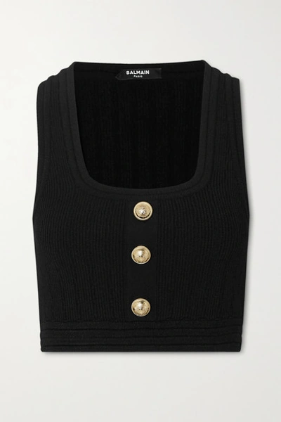 Shop Balmain Cropped Button-embellished Ribbed Stretch-knit Top In Black