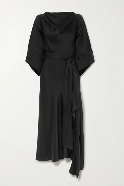 Shop Petar Petrov Adia Asymmetric Draped Satin Midi Dress In Black