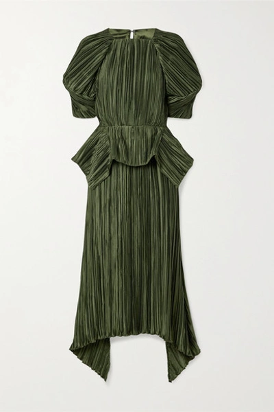 Shop Cult Gaia Nadira Open-back Plissé-satin Peplum Midi Dress In Army Green