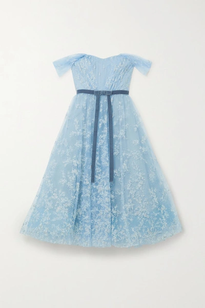 Shop Marchesa Notte Off-the-shoulder Flocked Glittered Tulle Midi Dress In Light Blue