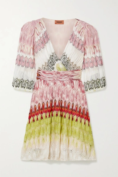 Shop Missoni Wrap-effect Metallic Crochet-knit Mini Dress In Pink