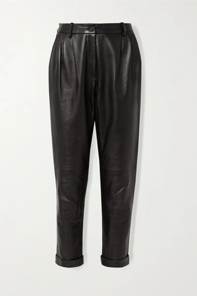 Shop Nili Lotan Montana Pleated Leather Tapered Pants In Black
