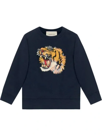 Shop Gucci Tiger's Head Embroidered Top In Blue