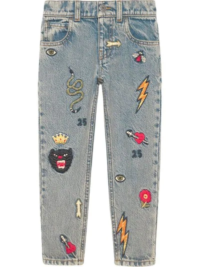 Shop Gucci Children's Embroidered Denim Pants In Blue
