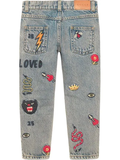 Shop Gucci Children's Embroidered Denim Pants In Blue