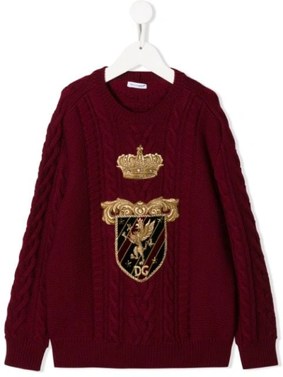Shop Dolce & Gabbana Heraldic Patch Cable Knit Jumper In Red