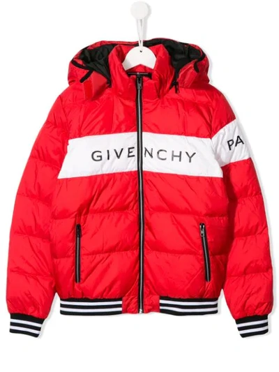 Shop Givenchy Teen Hooded Puffer Coat In Red