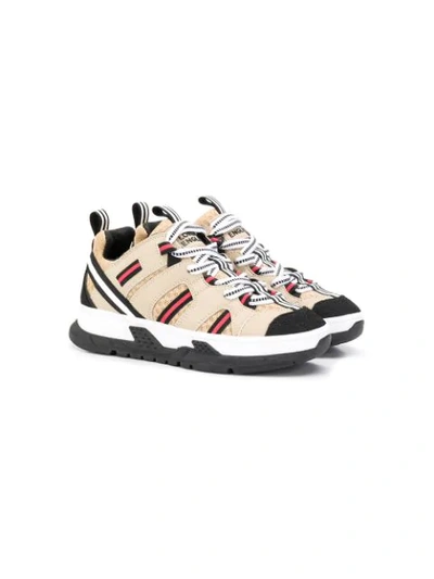 Shop Burberry Low Top Striped Sneakers In Brown