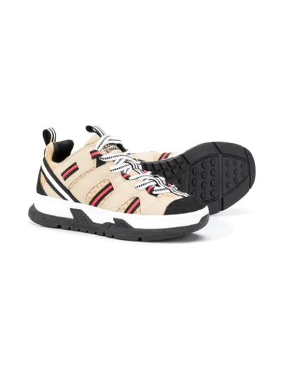 Shop Burberry Low Top Striped Sneakers In Brown