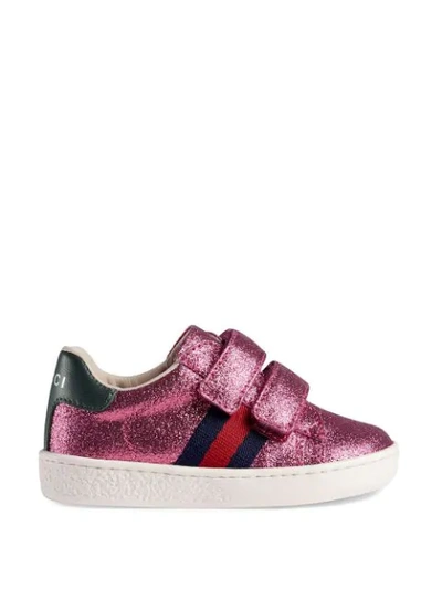 Shop Gucci Toddler Glitter Sneaker With Web In Pink