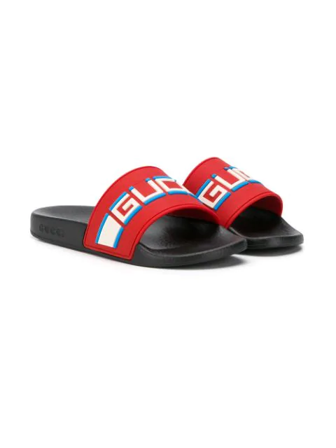 blue and red gucci slides