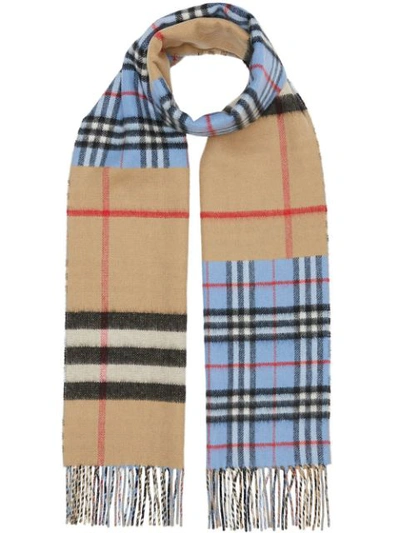 Shop Burberry Contrast Check Scarf In Neutrals ,blue