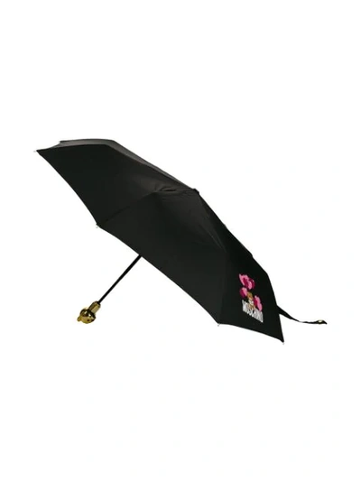 Shop Moschino Teddy Motif Logo Print Umbrella In Black