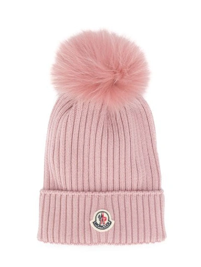 Shop Moncler Pompom Knitted Beanie In Pink