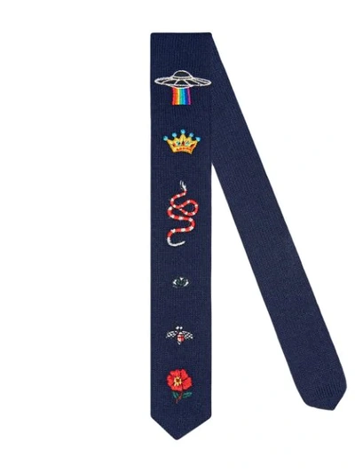 Shop Gucci Embroidered Knit Tie In Blue