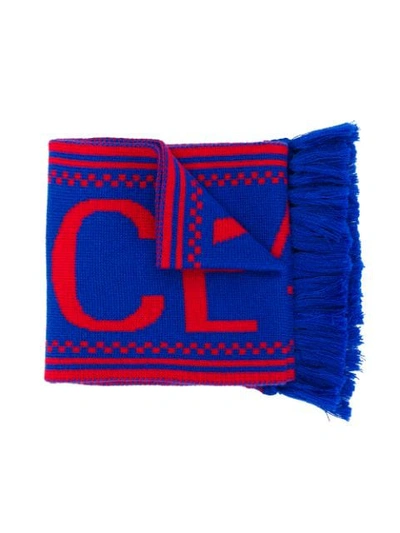 Shop Young Versace Logo Knitted Scarf In Blue