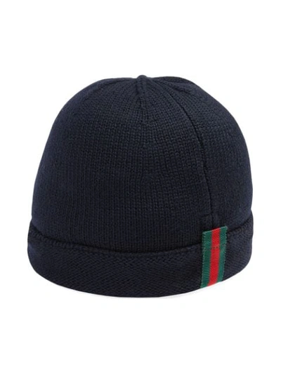 Shop Gucci Children's Knitted Hat With Web In Blue