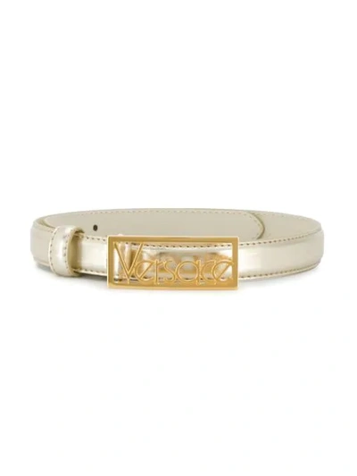 Shop Young Versace Metallic Logo Leather Belt In Gold