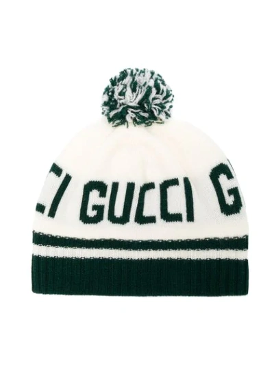 Shop Gucci Jacquard Logo Knit Beanie In White