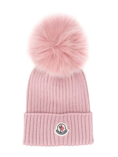 Shop Moncler Pom Pom Ribbed Beanie Hat In Pink