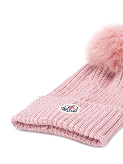 Shop Moncler Pom Pom Ribbed Beanie Hat In Pink