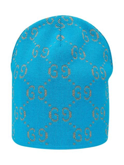 Shop Gucci Cotton Hat With Gg Motif In Lamé In Blue